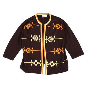 Vintage 60s Beeline Cardigan Sweater Womens Medium Floral Knit Brown Button Up